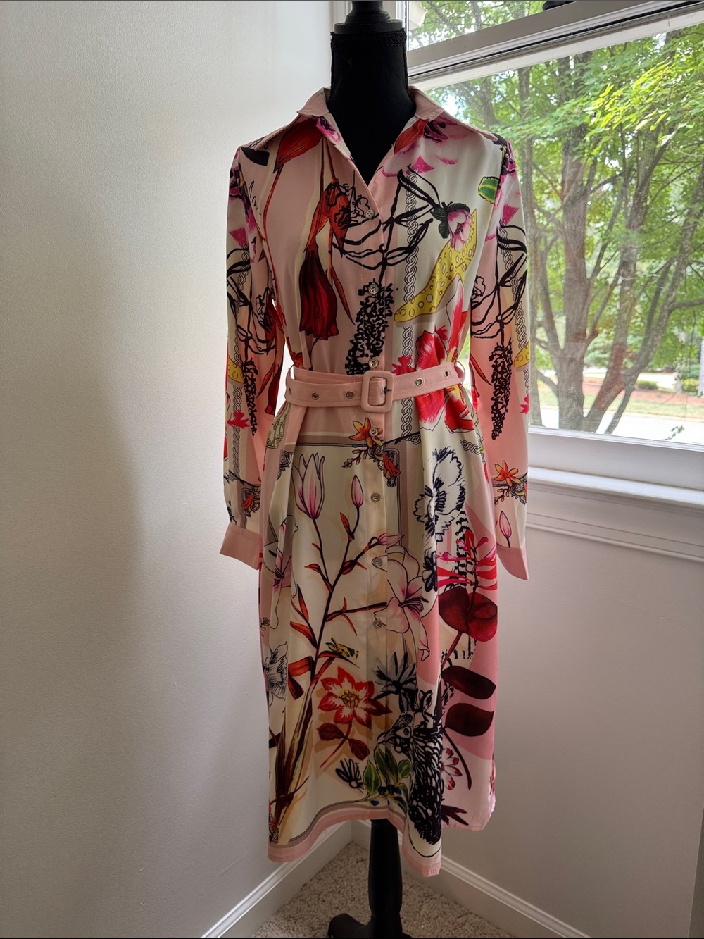 *****Dalia Macphee Pink Floral Belted Midi Shirt Dress*****